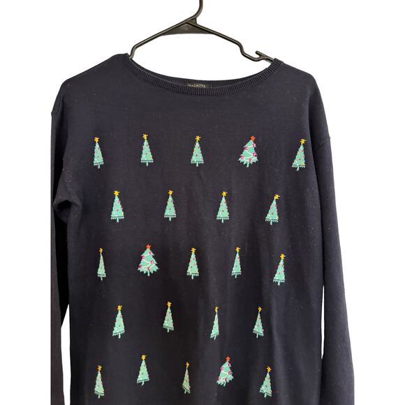 Talbots Navy Crew Neck Embroidered Christmas Tree Holiday Sweater SP Winter - Picture 5 of 11